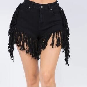 NWT American Bazi Fringe Denim Shorts Womens L Black High Rise Grunge Bimbocore